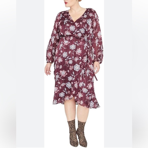 Rachel Roy Caron burgundy floral midi wrap dress size 14w - Picture 1 of 16